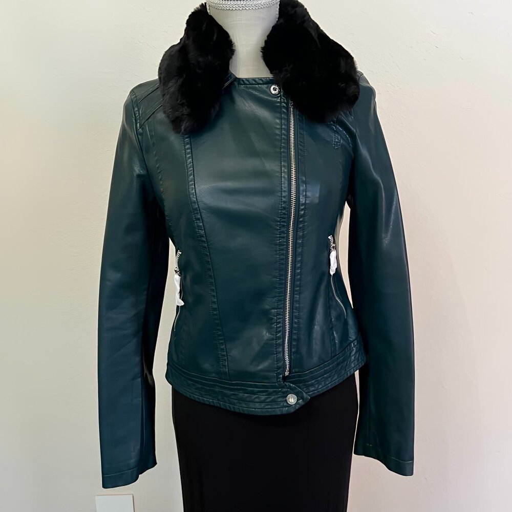 Express Women Midnight Green Faux Leather Moto Jacket with Faux Fur Collar